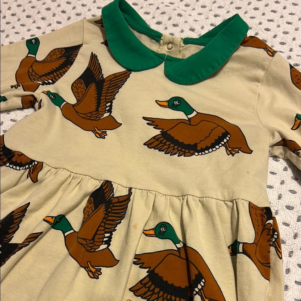 Mini Rodini Duck Print Dress with Green Peter Pan Collar